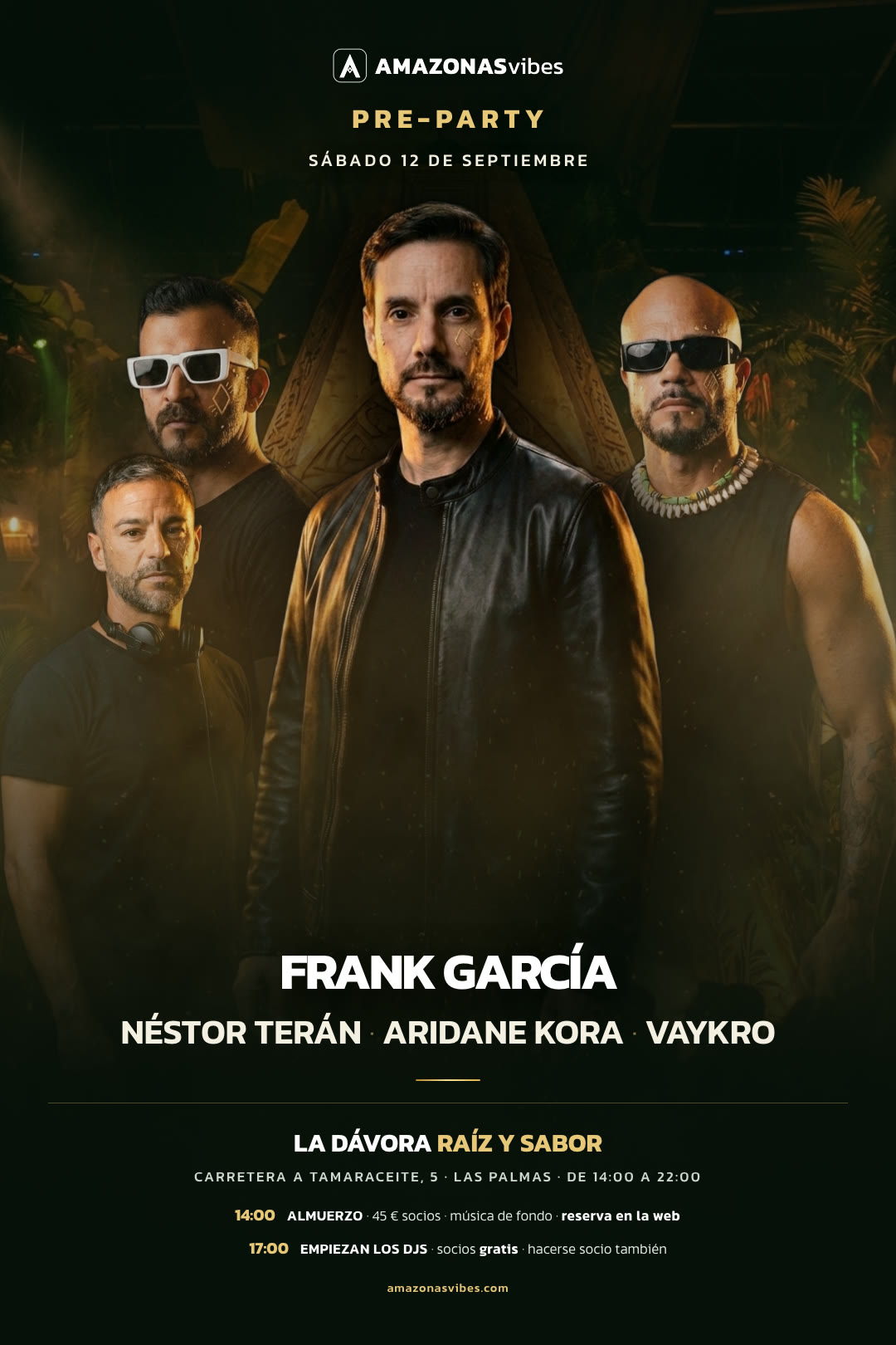 Cartel oficial de la pre-party: Frank García, Néstor Terán, Aridane Kora y Vaykro
